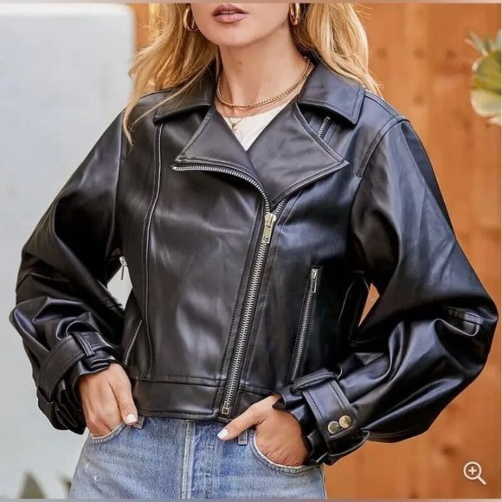Lulus Black Leather Moto Jacket SIZE XS Zipper closure